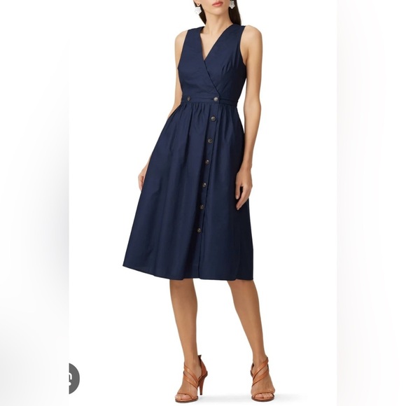 J. Crew Factory Rosina Poplin Navy Button Front Fit & Flare Wrap Midi Dress sz 6 - Picture 2 of 9